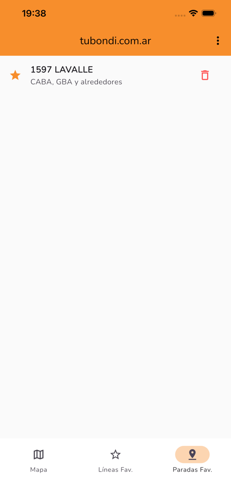 TuBondi: colectivos urbanos - Pantalla de paradas de autobús favoritas en la aplicación TuBondi que muestra una ubicación guardada en Buenos Aires