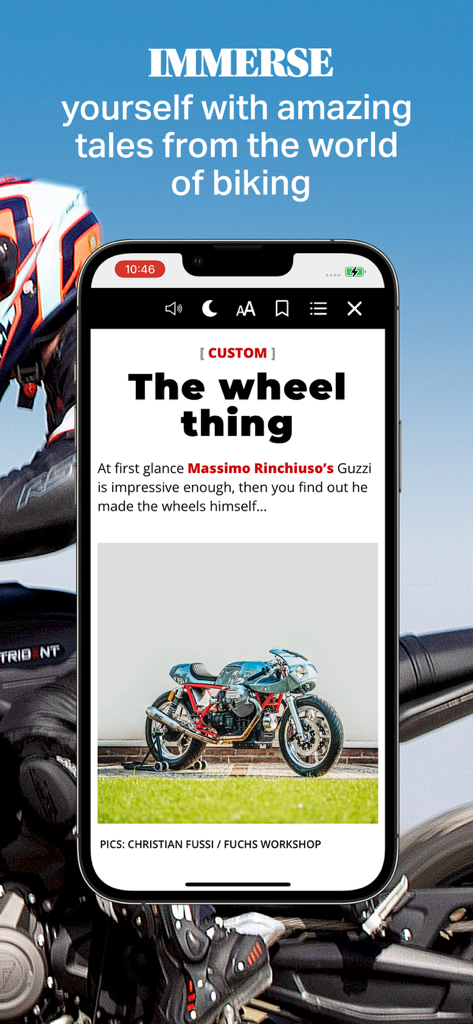 Écran de smartphone affichant un article sur les motos dans l'application Bike magazine