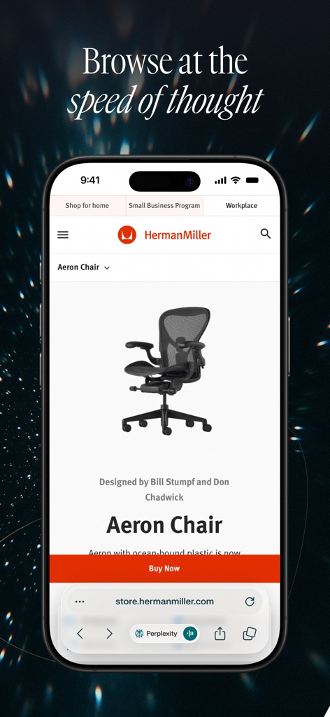 Comet - AI Personal Assistant - Comet AI browser displaying a high-end office chair product page with the tagline Browse at the speed of thought.