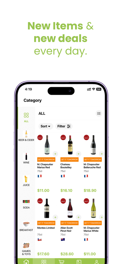 Delishop Asia - Delishop Asia app interface showing a selection of wines and grocery categories