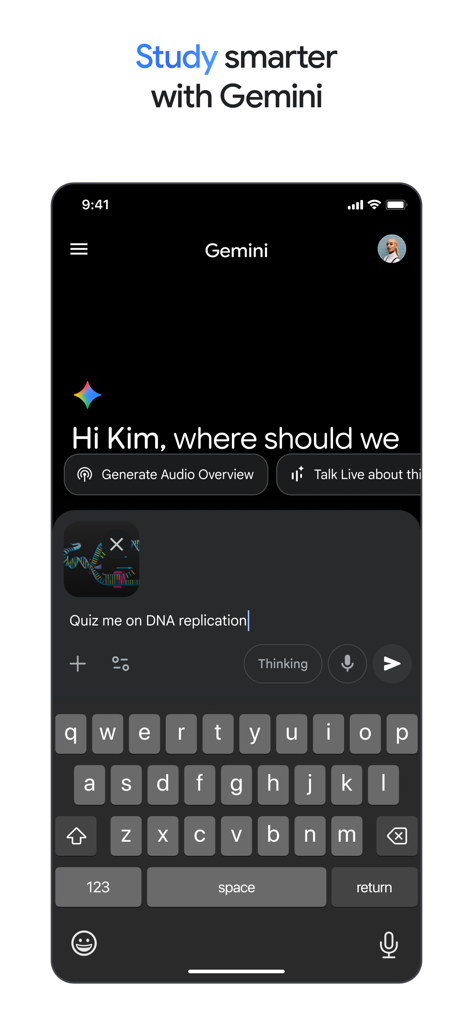 Google Gemini app interface with a prompt to quiz the user on DNA replication.