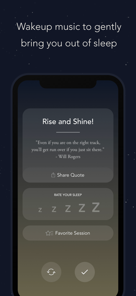 Pzizz - Sleep, Nap, Focus - Pantalla de despertar de la aplicación Pzizz que muestra una cita motivacional y opciones de calificación del sueño contra un fondo de cielo estrellado.