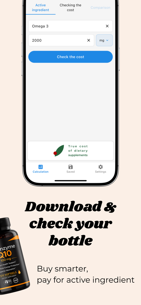 Dose Cost: Supplements - Interfaccia dell'app Dose Cost che mostra un calcolo per 2000 mg di principio attivo Omega 3