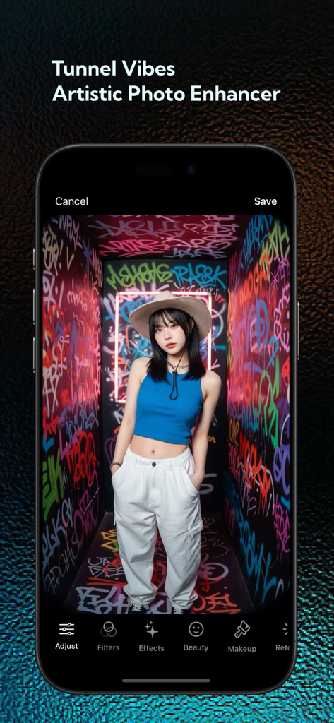 AI Photos Editor+ - AI Photos Editor app interface showing an artistic photo enhancement of a woman in a graffiti tunnel
