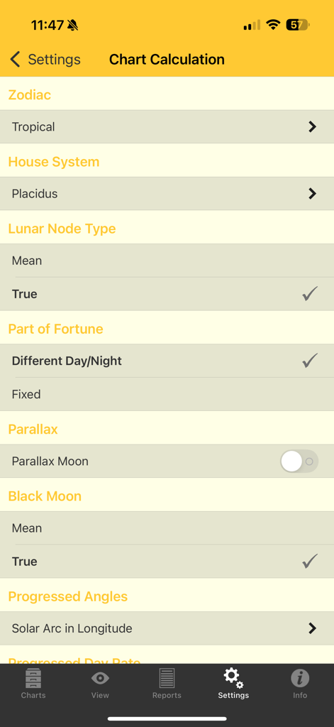 Astro Gold - Interface of Astro Gold app showing advanced chart calculation settings like House System and Lunar Node Type.