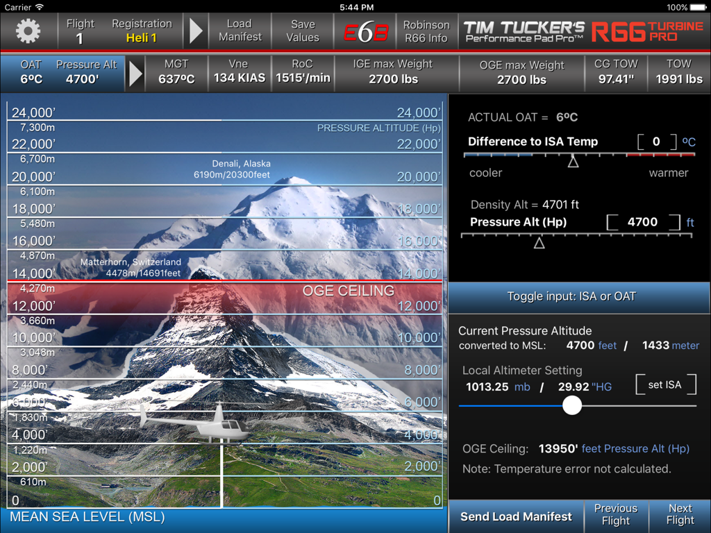 R66 PRO - R66 PRO app dashboard displaying helicopter performance metrics and OGE ceiling graphical interface