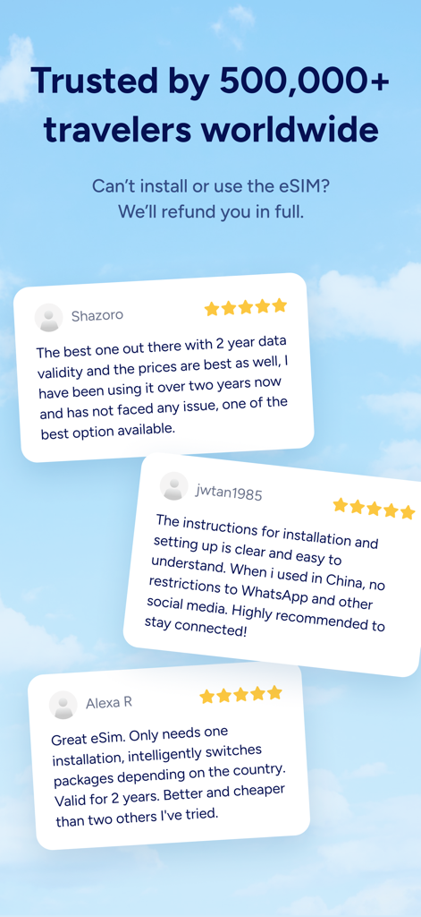 Avaliações e classificações positivas de clientes para o aplicativo de internet de viagem Eskimo