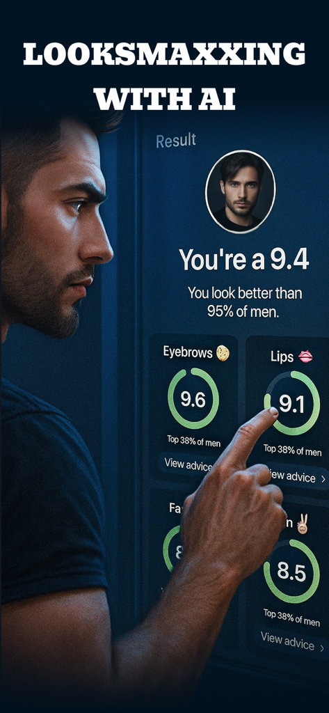 LooksMax AI: Face Rater & Scan - AI face rating screen showing attractiveness scores for eyebrows and lips