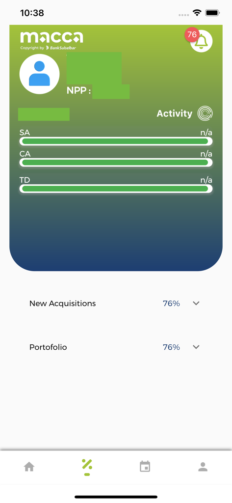 Macca Apps - User profile dashboard in Macca Apps showing sales performance metrics and activity progress for Bank Sulselbar employees.