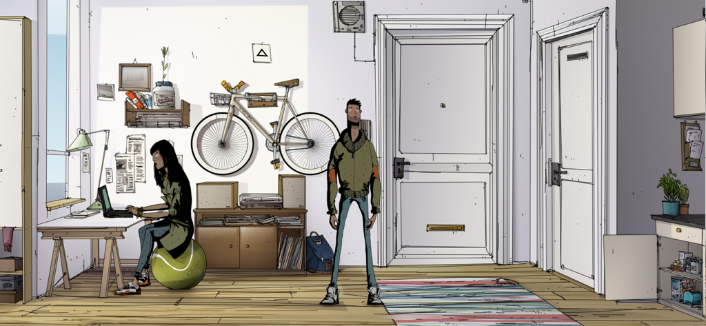 A hand-painted interior scene showing characters in a modern apartment from the game Unforeseen Incidents