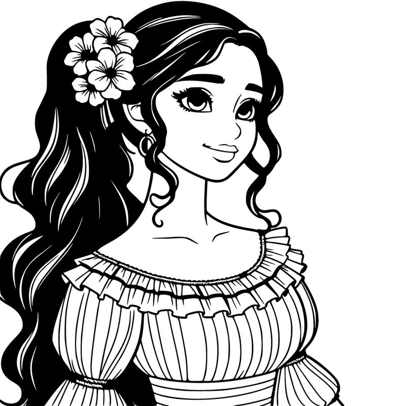a single latina woman with a side ponytail and a long dress with ruffles. she has a few discreet flowers in her hair. realistic