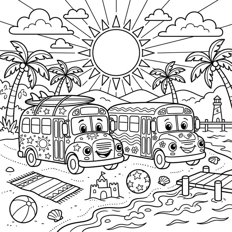 Join two happy school buses on their ultimate summer vacation at the beach! This playful coloring page is packed with sunny details and fun, perfect for young artists to enjoy.