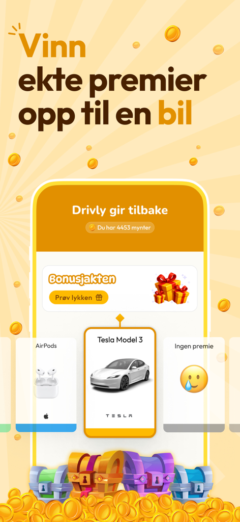 Drivly: Pass your permit test - Interfaz de la aplicación Drivly que presenta recompensas como un Tesla y AirPods por educación vial gamificada