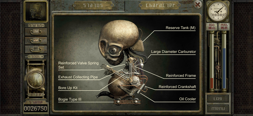 Garage: Bad Dream Adventure - Character modification menu showing biological and mechanical parts of the player creature