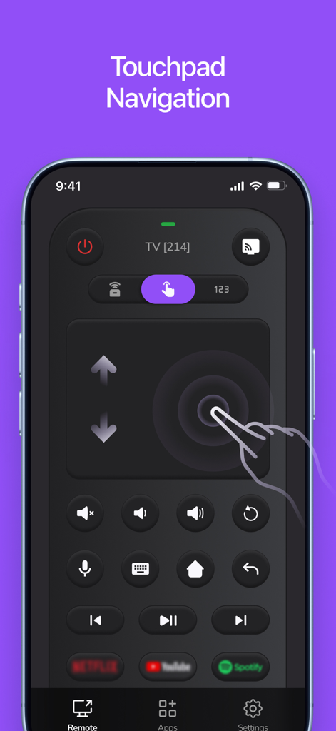 Interfaz de la aplicación de control remoto de Roku mostrando navegación por panel táctil en un iPhone