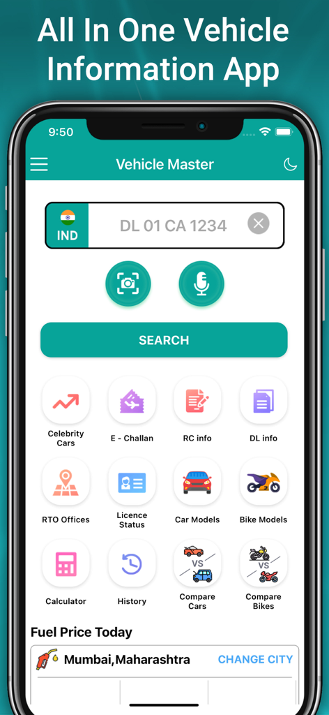 Vehicle Info - Vahan Master - Home screen of the Vahan Master app showing vehicle registration search and utility features