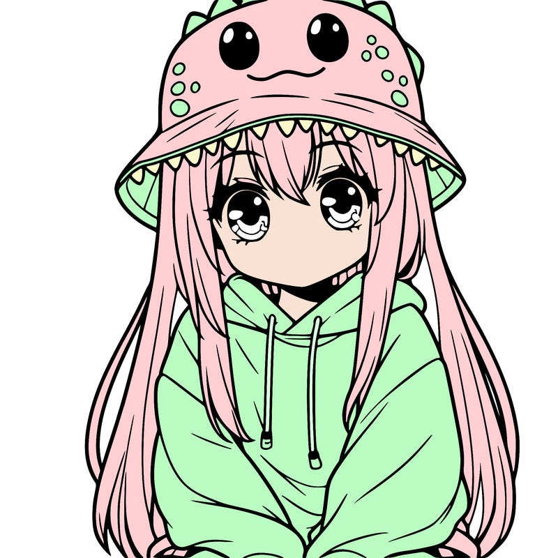 girl with anime shaped eyes with a dinosaur bucket hat oversized sweatshirt long straight hair