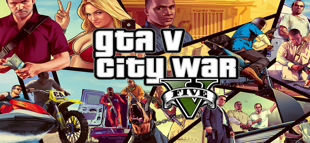 GTA V Mobile : City War MOD - Collage promocional con personajes de Grand Theft Auto y escenas de acción urbana para el juego móvil City War