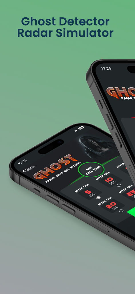 Ghost Detector - Camera Radar. - Captura de tela do aplicativo Ghost Detector mostrando as configurações de chamada de voz de pegadinha com opções de 5, 10, 20 e 25 segundos.