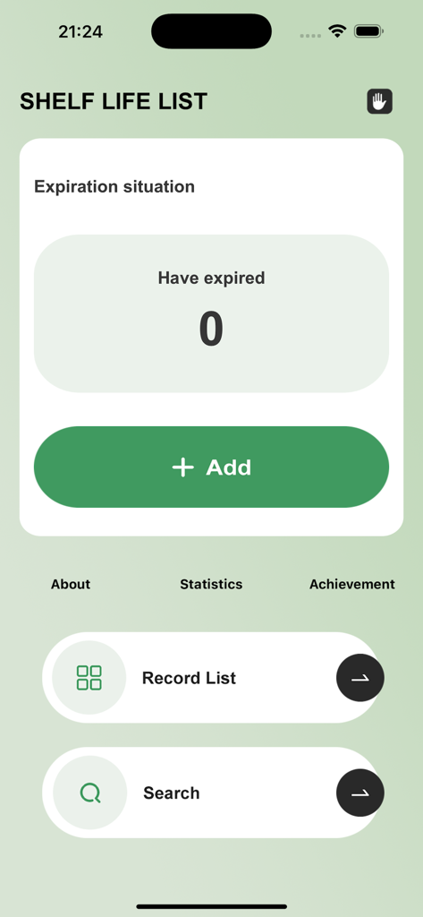 Main dashboard of the Shelf Life List app displaying expiration status and navigation options