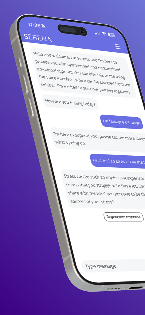 Serena: AI Emotional Support - A chat conversation on an iPhone between a user and the Serena AI emotional support assistant