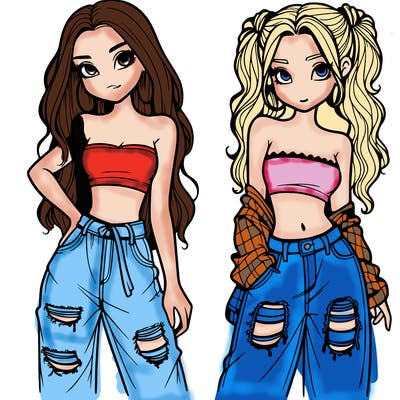 2 girls in crop tops and baggy jeans ripped