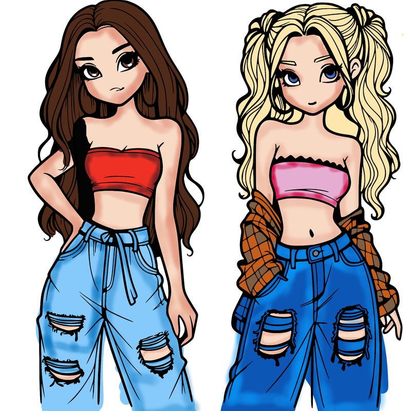 2 girls in crop tops and baggy jeans ripped