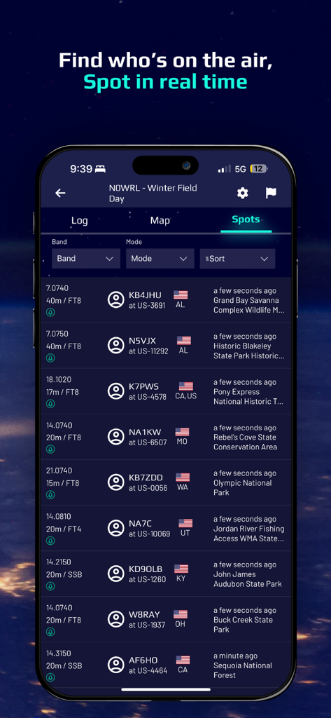 World Radio League - World Radio League app display of real time amateur radio spots and park locations