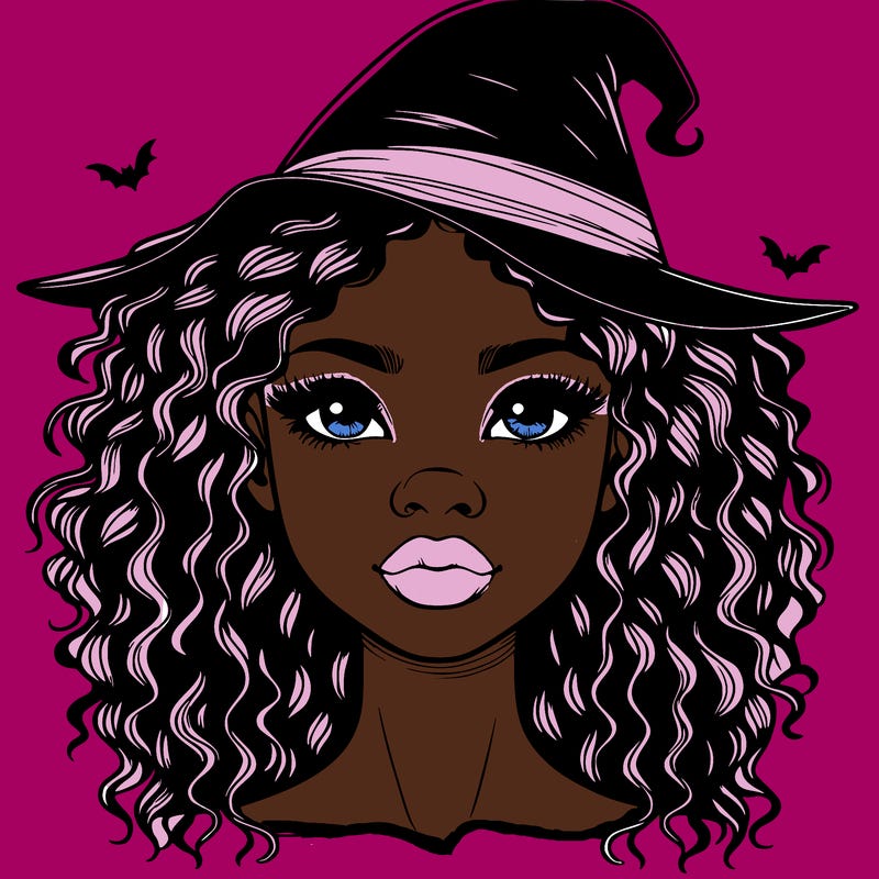realistic black girl with wavy hair and witch hat and nose and lips