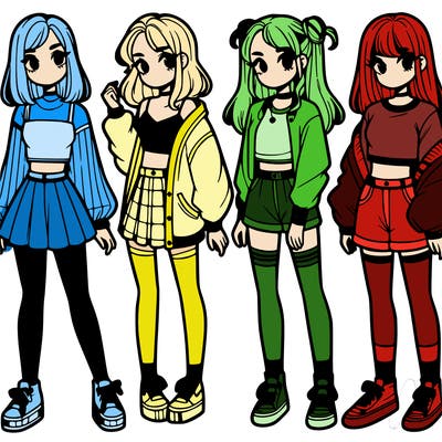 one girl with crop-top shirt and a jacket with a skirt, long socks and another girl with a shirt and pants with a jacket