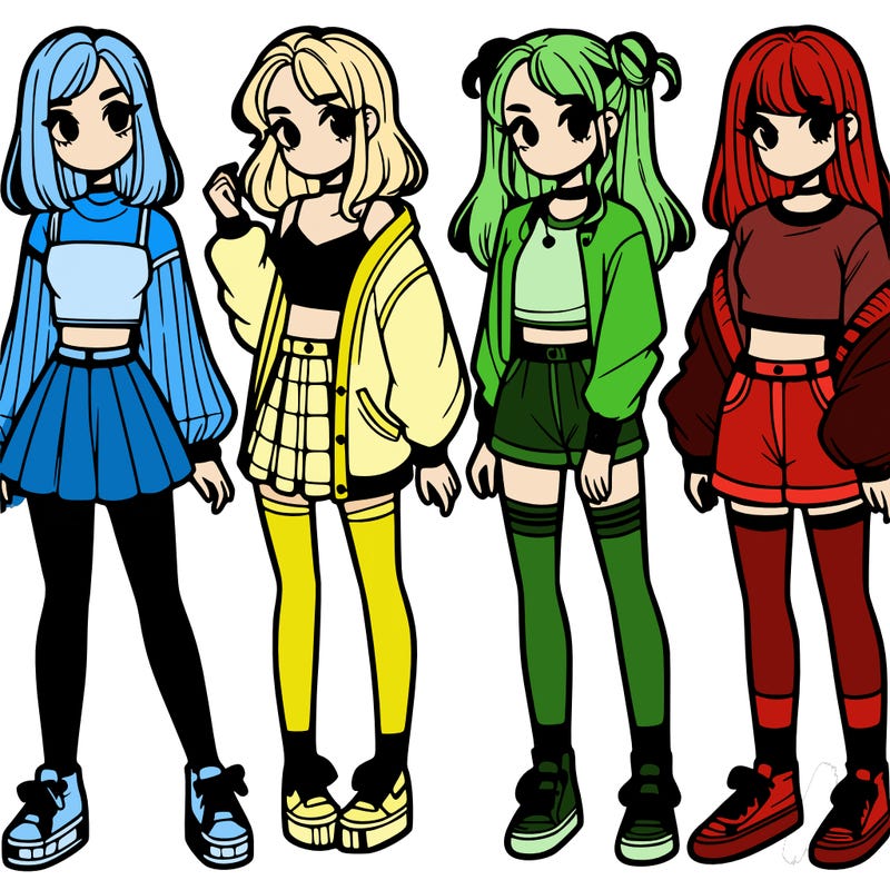 one girl with crop-top shirt and a jacket with a skirt, long socks and another girl with a shirt and pants with a jacket