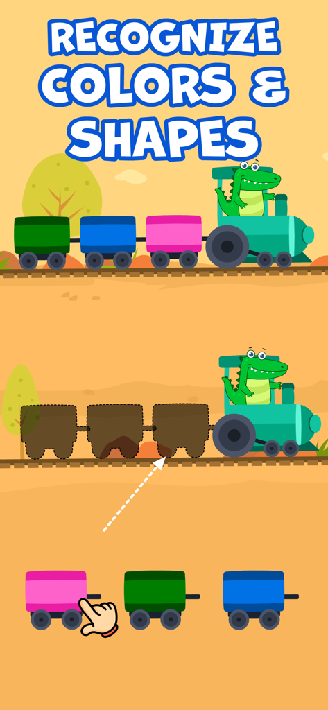 Kids Autism Games - AutiSpark - Educational game screen from AutiSpark for recognizing colors and shapes using a train matching activity