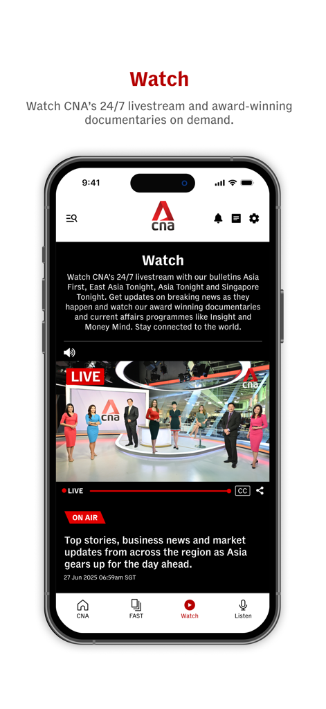 CNA (Channel NewsAsia) - Seção Assista do aplicativo CNA exibindo uma transmissão de notícias ao vivo.