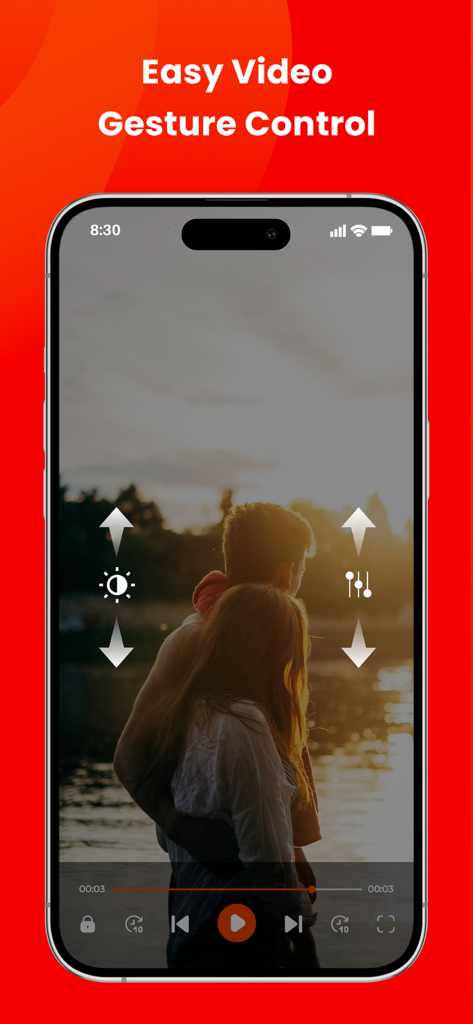 Uno smartphone che visualizza un lettore video con icone di controllo gestuale per la regolazione di luminosità e volume.