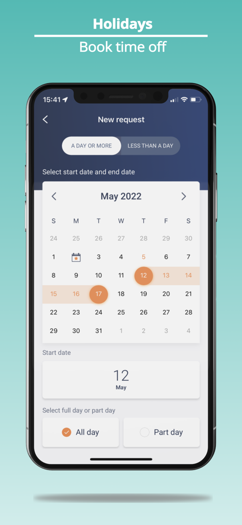 Access PeopleHR - Access PeopleHR mobile app interface for booking time off and requesting holidays using a calendar view.