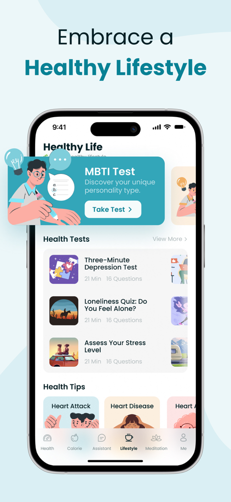 Una captura de pantalla de la pantalla de pruebas de estilo de vida de la aplicación HealthBit que muestra pruebas de personalidad MBTI y salud mental.