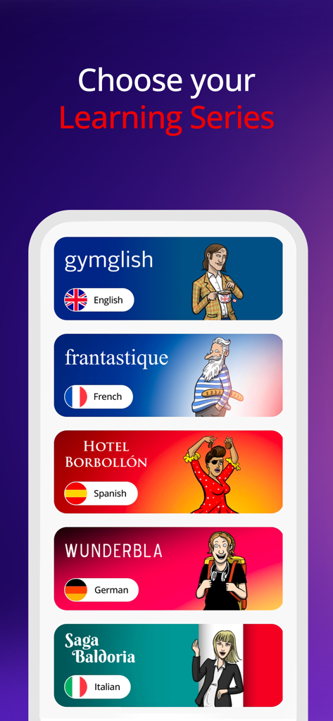Gymglish: Learn a language - Benutzeroberfläche der Gymglish-App, die verfügbare Sprachkurse mit illustrierten Charakteren zeigt