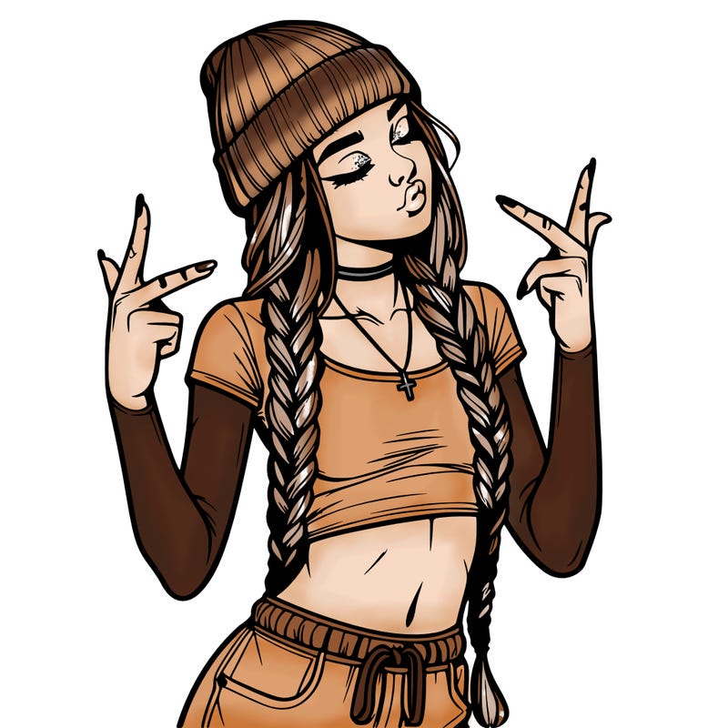 realistic teenage girl with braids and a beanie and crop top doing 🫶🏼