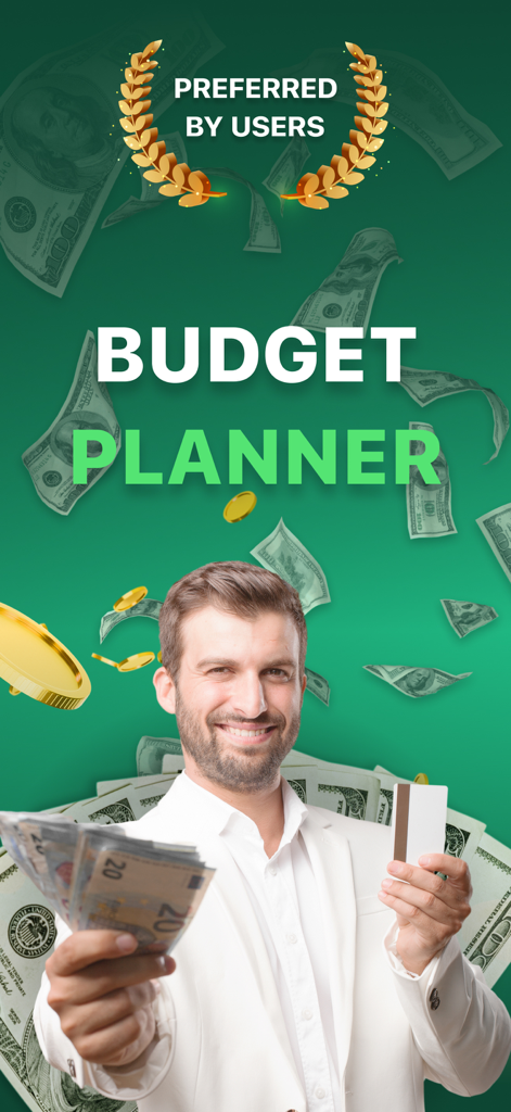A smiling man holding cash and a credit card with the text Budget Planner and falling money in the background