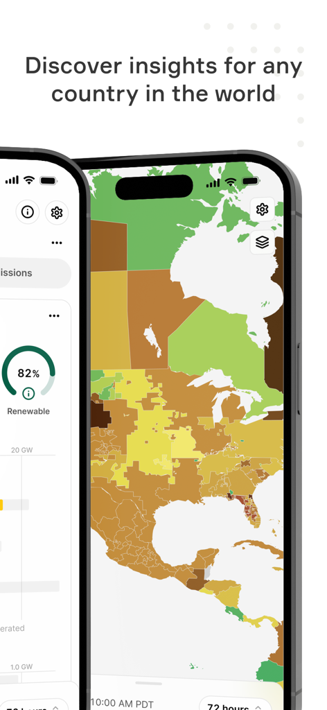 Smartphone montrant une carte mondiale de l'intensité carbone du réseau électrique et des données sur les énergies renouvelables