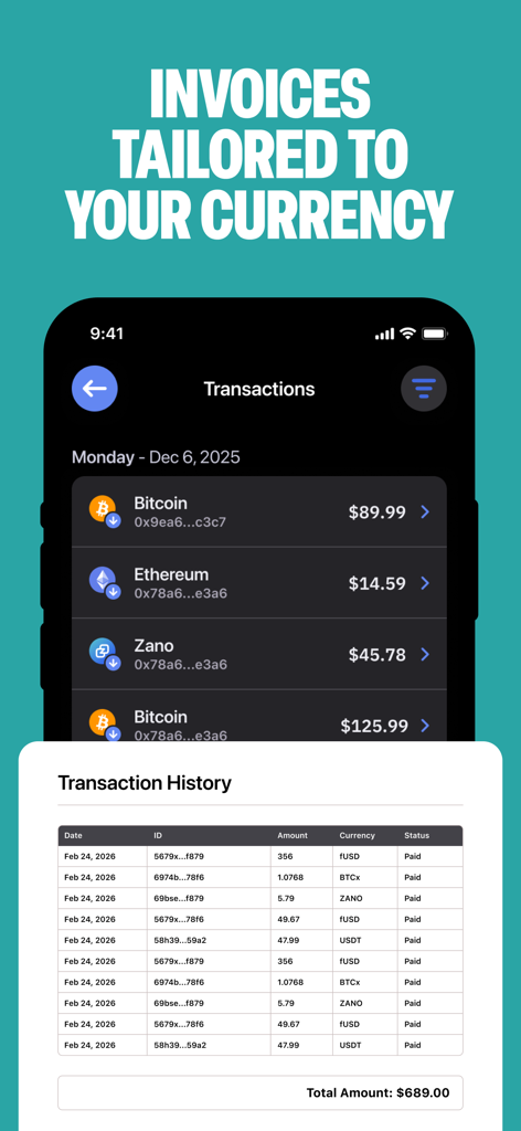 Bitcoin.com Checkout POS - ビジネスオーナー向けのUSD建て仮想通貨決済を示す取引履歴ダッシュボード