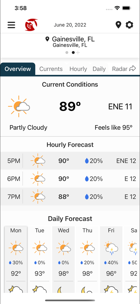 Florida Storms - Florida Storms app interface showing current weather conditions and daily forecast for Gainesville