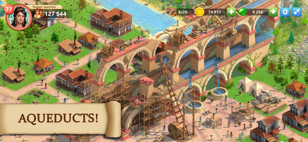 エンパイア・シティ：文明の夜明けのストラテジーゲームにおける建設中の巨大な石造りの水道橋