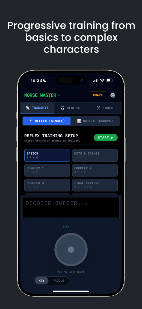 Morse code reflex training setup screen showing progressive learning levels from basics to complex characters