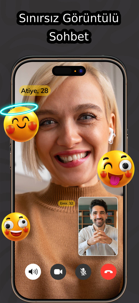 Pantalla de teléfono inteligente que muestra un chat de video en vivo 1 a 1 entre una mujer y un hombre con divertidos emojis 3D