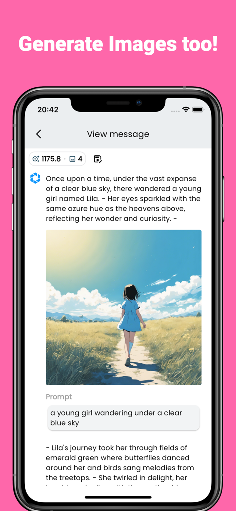 Aito AI: GPT & Gemini Chatbot - Aito AI mobile app interface showing text-to-image generation with a picture of a girl in a sunny field.