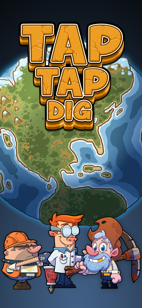 惑星の前に立つ3人のカートゥーンキャラクターが描かれた、放置系クリッカーゲーム「Tap Tap Dig」のタイトル画面