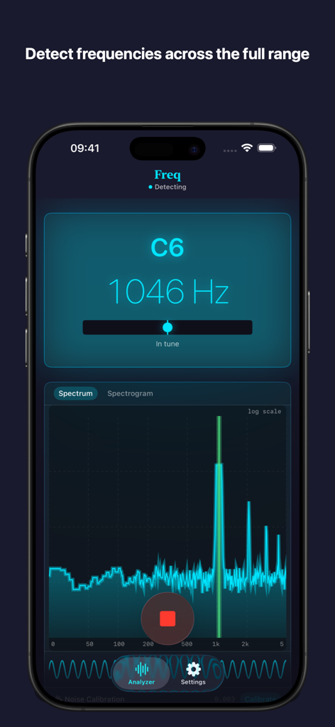 Freq. - Freq app interface showing frequency detection of 1046 Hz with spectrum and waveform views