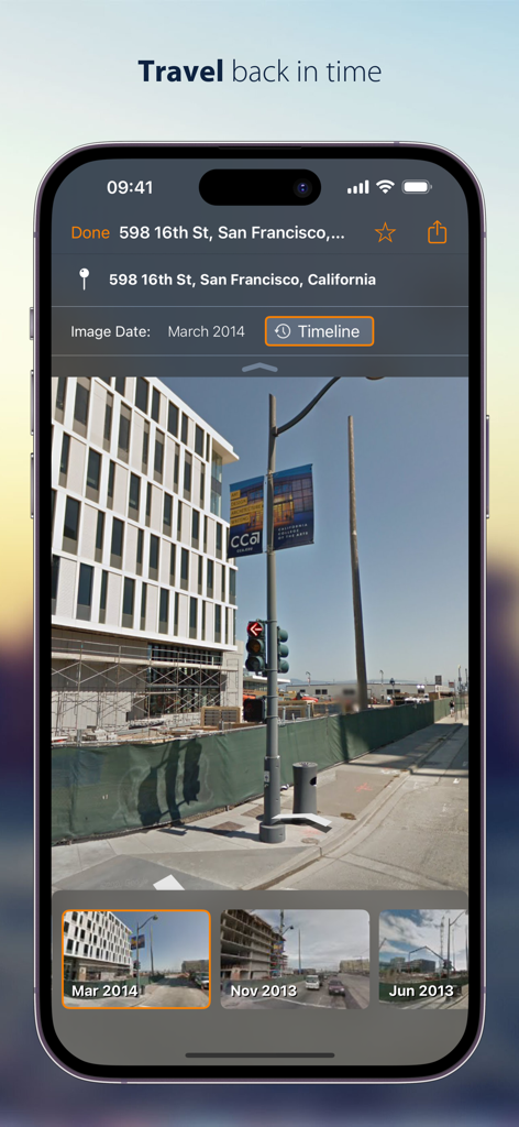 Streets - Street View Browser - Función de línea de tiempo de la aplicación Streets que muestra panoramas históricos de Street View de San Francisco en un iPhone.