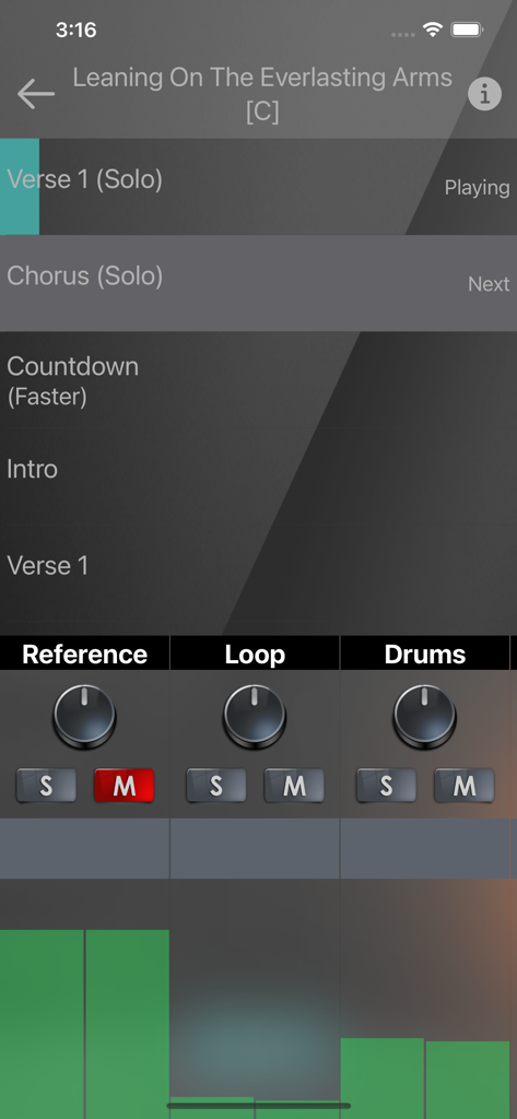 XME Triggers app interface showing song structure and audio mixer for worship music